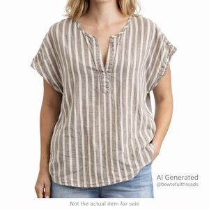 ELLEN TRACY Linen Blend Striped V-Neck Top Medium Relaxed Fit